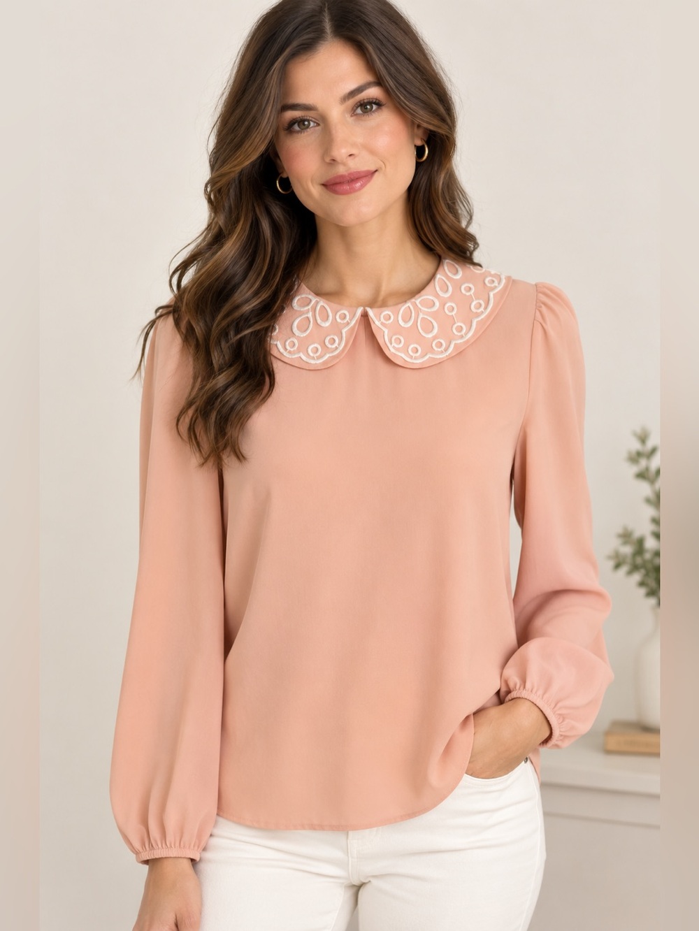 Peach Blouse with White Collar